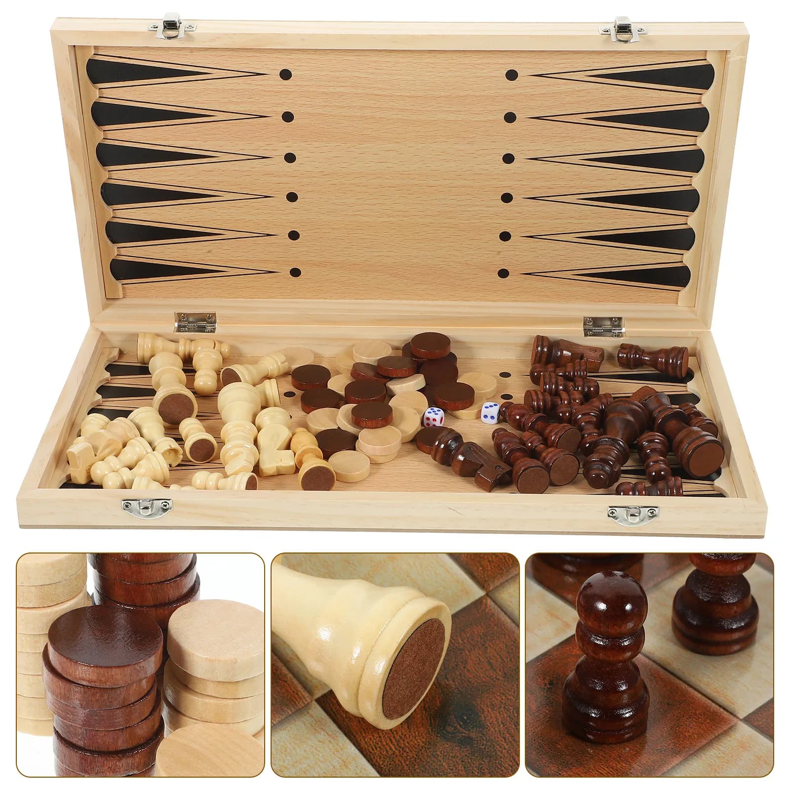 1Set Three-in-One Wooden Chess Board Folding Backgammon Checkers Game Smooth Hand Touch Portable for Family Travel
