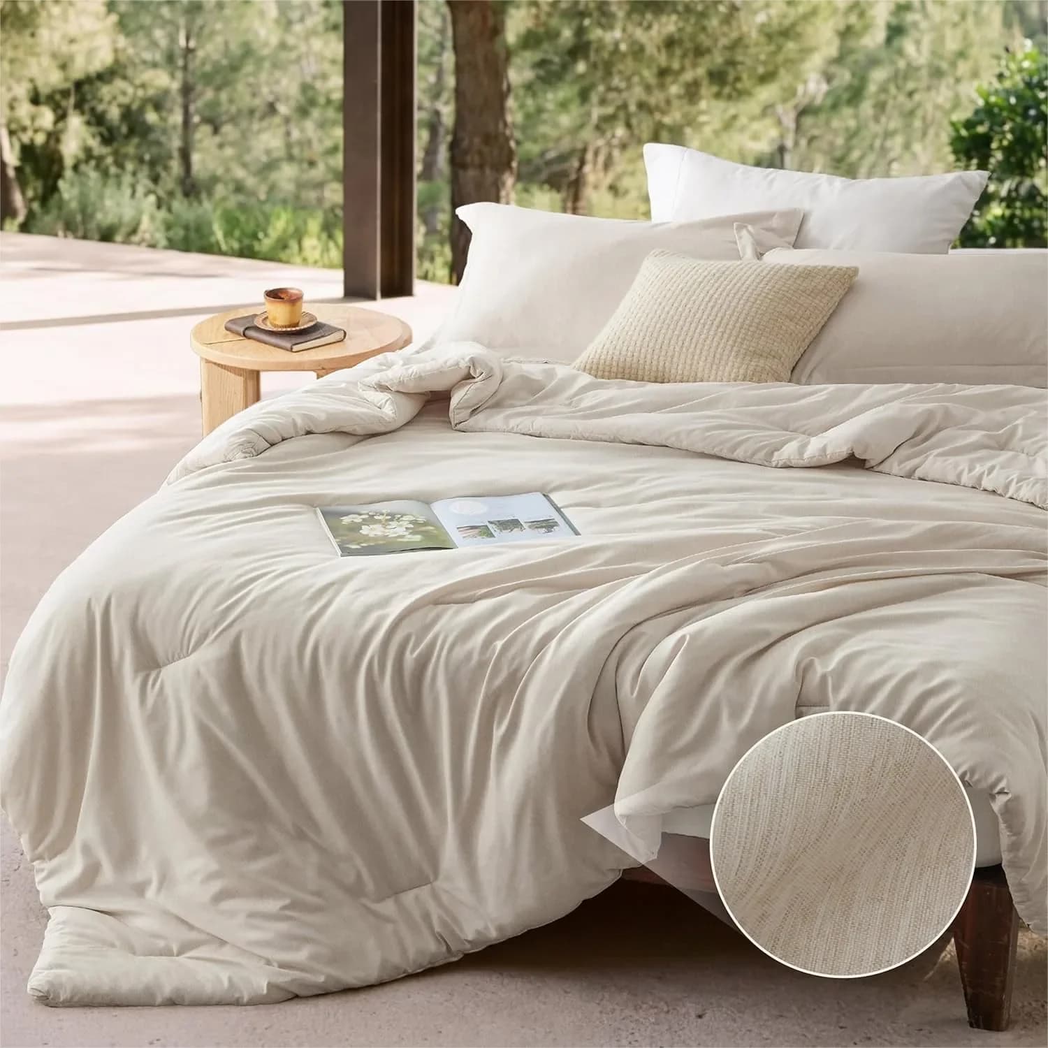 Queen Comforter Set 3 Pieces Beige Bedding All Season Cationic Dyed Bed Set With 2 Pillow Shams