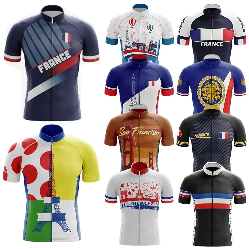Men's France cycling sweater, breathable short sleeve, shorts with straps, durable 20D gel bearing, mountain bike clothing, new, V1