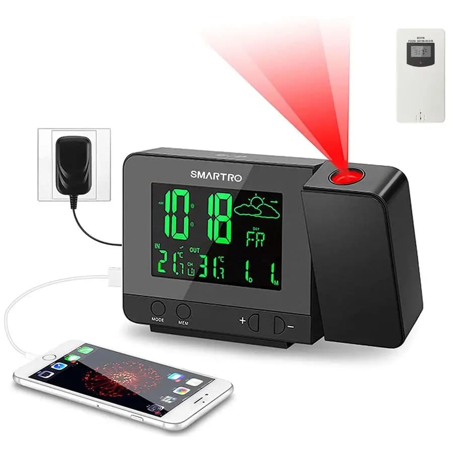 Sveglia Digitale con Proiezione SC31B e Stazione Meteo, Termometro Interno/Esterno per Camere da Letto, Caricatore USB, Alimentazione AC/Batteria