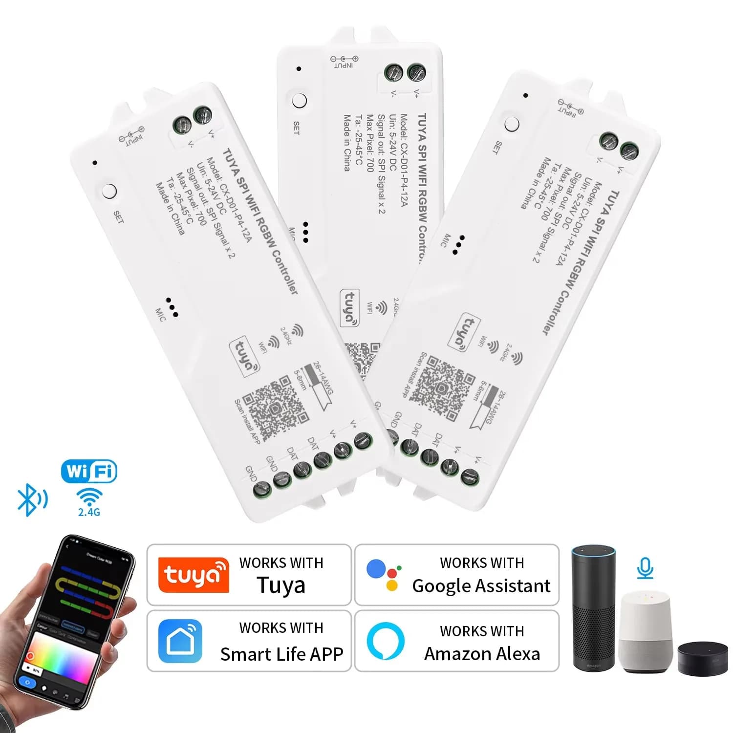 Controller LED WiFi Tuya SPI RGBIC RGBWIC WS2811 WS2812B SK6812 per Strisce LED Indirizzabili, Controllo Vocale Alexa Google 5-24V