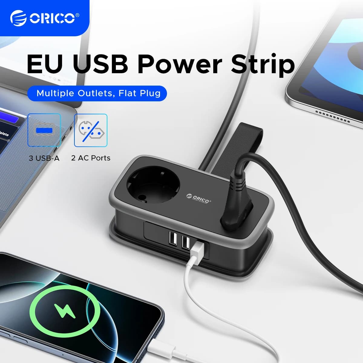 ORICO Presa di corrente elettrica con spina europea 2 prese CA 2 porte USB prolunga da 1,1 M Adattatore da viaggio universale a ricarica rapida da 15,5 W