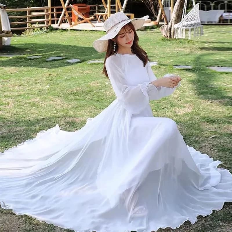 Abito super lungo in chiffon da spiaggia Nuovo arrivo da donna Primavera Autunno Abito chic Abiti eleganti slim con lacci larghi a maniche lunghe