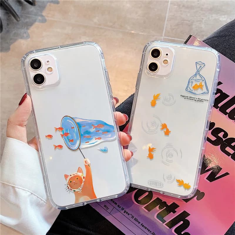 Transparent phone case with adorable fish for iPhone 14 16 15 11 13 12 17 Pro Max Air XR 7 8 Plus SE Silicone shockproof case TPU