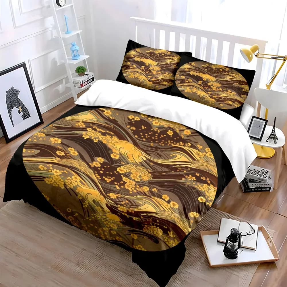 Set di biancheria da letto con copripiumino morbido e confortevole con decorazioni floreali dorate, include 1 copripiumino e 2 federe, regalo