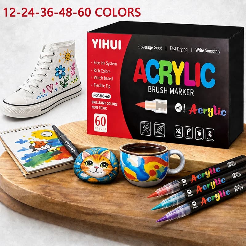 12-60 Colors Acrylic Paint Marker Set, 1-5mm Soft Tip Markers For Rock Painting Wood Stone Glass Gift DIY Crafts
