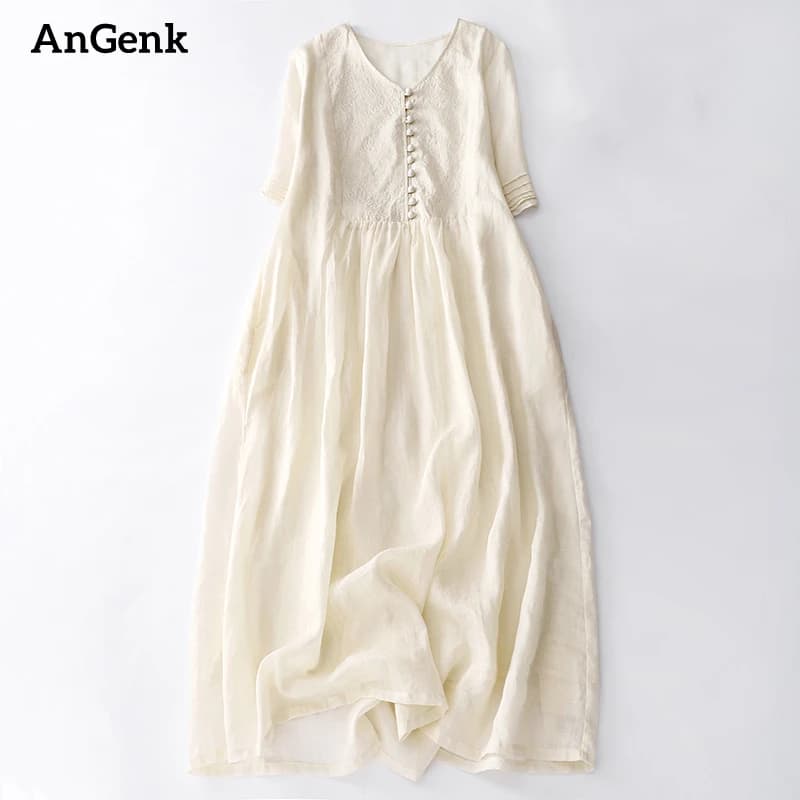 Abiti Estivi in Cotone Tinta Unita Stile Vintage da Donna 2026 Nuovi Abiti Casual Lunghi da Spiaggia per Vacanze Donna Vestito Elegante
