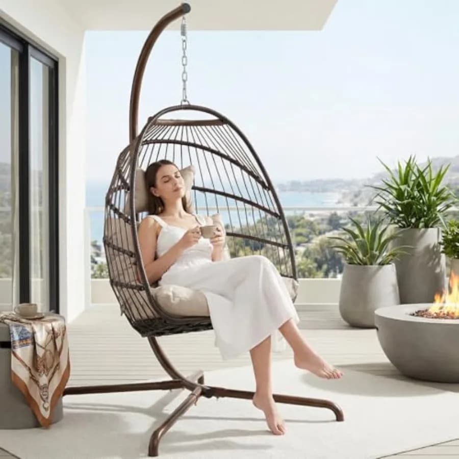 Swing Egg Chair Indoor Outdoor, Patio Wicker Hanging Chair with Stand, All Weather Egg Hammock Chairs with Cushions, 350lbs Dur