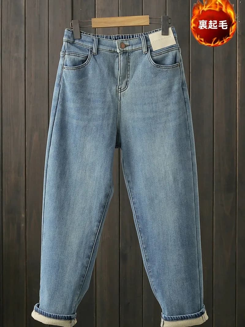 Autumn Winter plus Size Harajuku Style Fleece Lined Thickened Light Blue Denim Jeans Loose Casual Dad Long Leggings