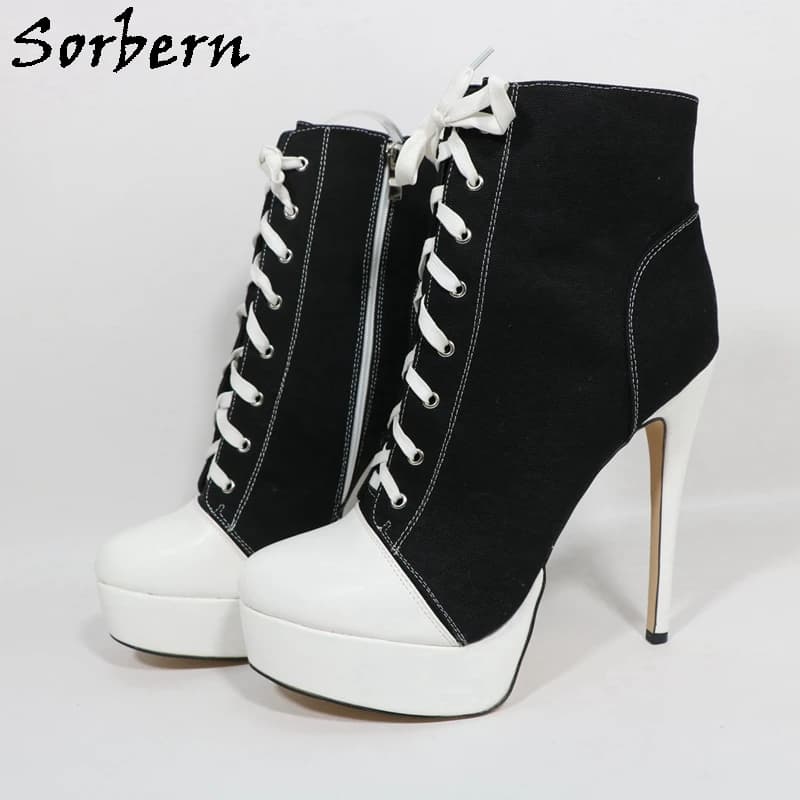 Sorbern Black And White High Heel Sneaker For Women Lace Up Front Ankle Boots Ladies Booties Stilettos Platform Custom Color