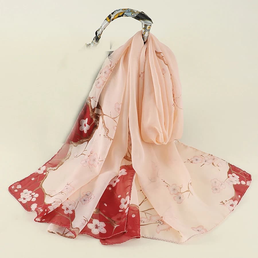 Women's Chiffon Scarf prun flower pattern Simulation silk scarf Long gauze bag Shoulder bag for sun protection