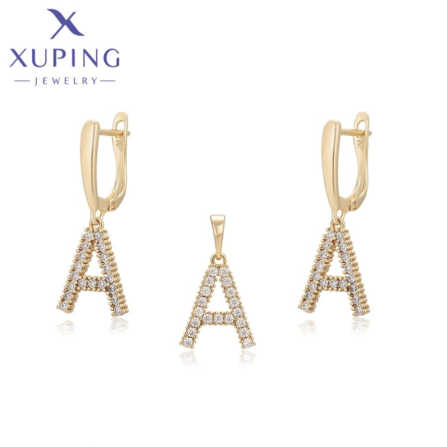 Set di Gioielli Xuping con Collana e Orecchini con Ciondolo a Lettera Color Oro Chiaro per Donna, Regalo Classico per Banchetti X001059751