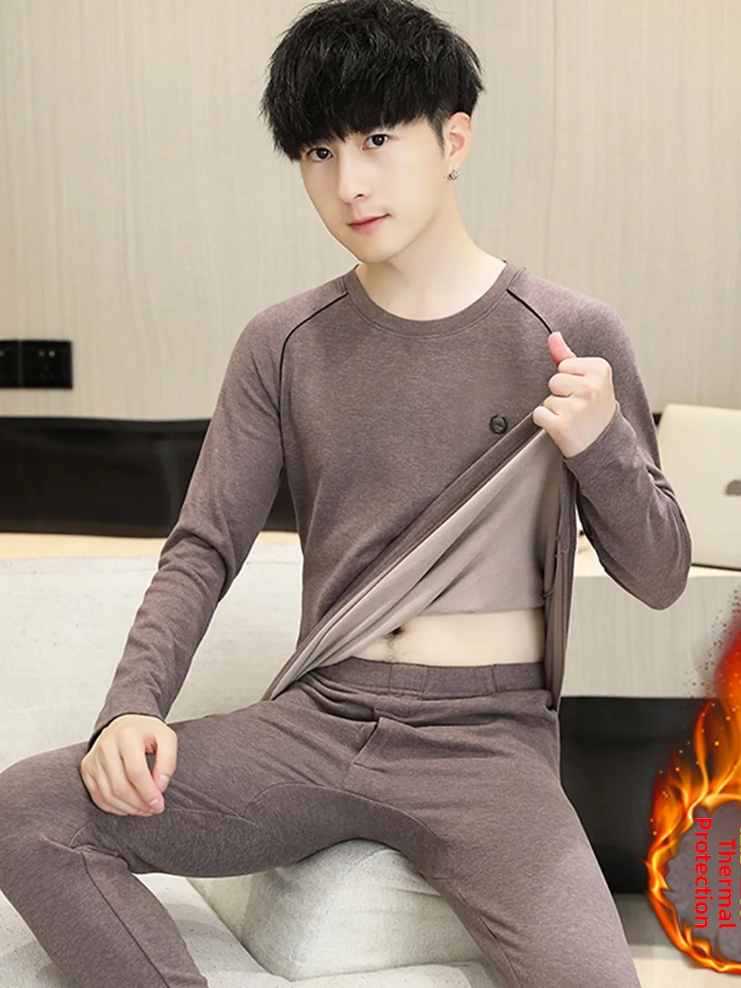 Men's Thermal Underwear Set Thiened to Double Layer, Solid Color, Autumn Clothing, Complete Two Pieces