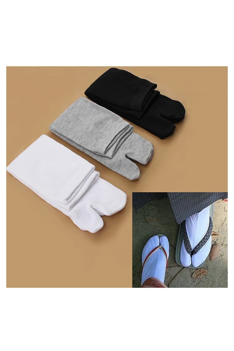 A64E 3 Pairs Japanese Kimono Flip Flop Sandal Split Toe Tabi Ninja Geta Zori Socks White+Black+Grey