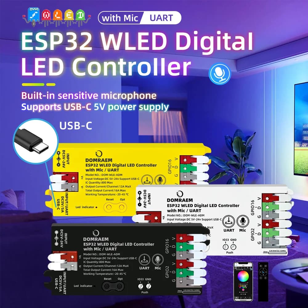 DOMRAEM ESP32 WLED Controller LED indirizzabile USB-C con microfono musicale/UART Supporta strisce IC RGB WS2814/12B ecc. Fusibile 16A HA Alexa