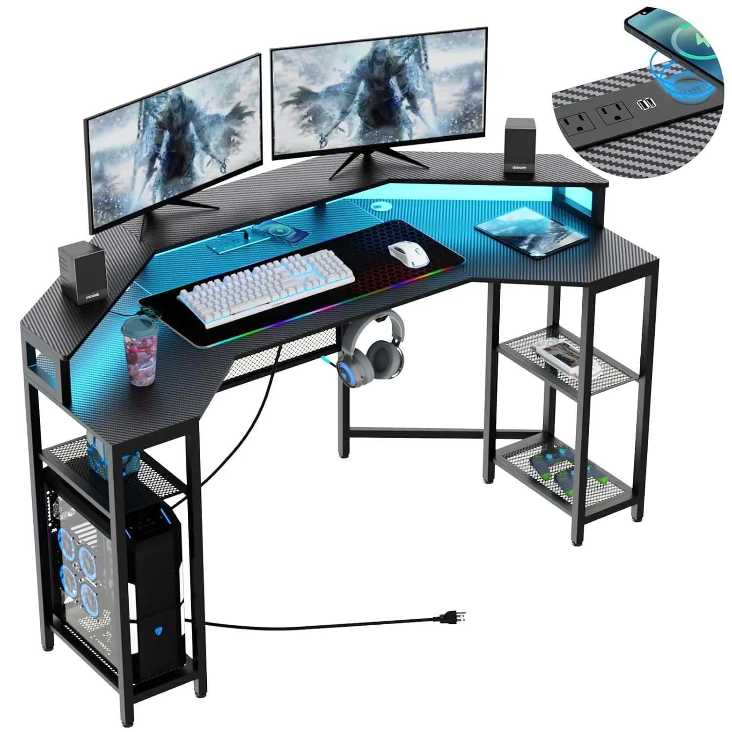 Desktop from Gaming 63 Inches with Current Clamp, LED shelf, Monitor support, Wireless charging, RGB pad, Hook, for Home and Office, Black, Customizable