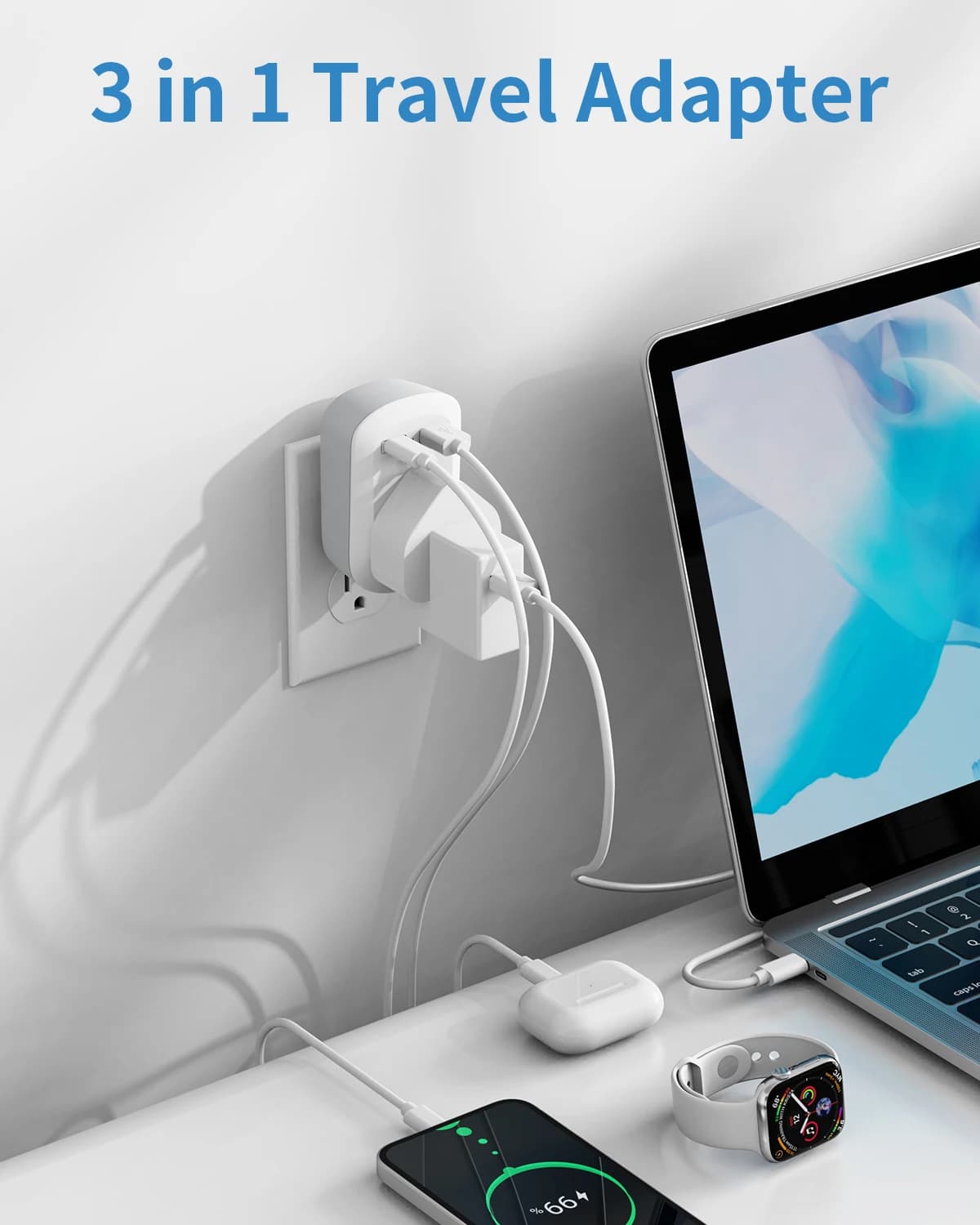 Multifunctional Travel Power Adapter, Suitable for Use When Traveling/Business Trips to Countries Such as Saudi Arabia/Uk, and Traveling/Business Trips to Countries Such as Japan, the United States, the Philippines, Canada, Mexico, China, Thailand, Peru, Etc., Features 1 Type g Power Output Port, 1 Usb-A Output Port, 1 Usb-C Output Port, Made of Fire-Resistant Material, and Supports Simultaneous Use of Multiple Devices
