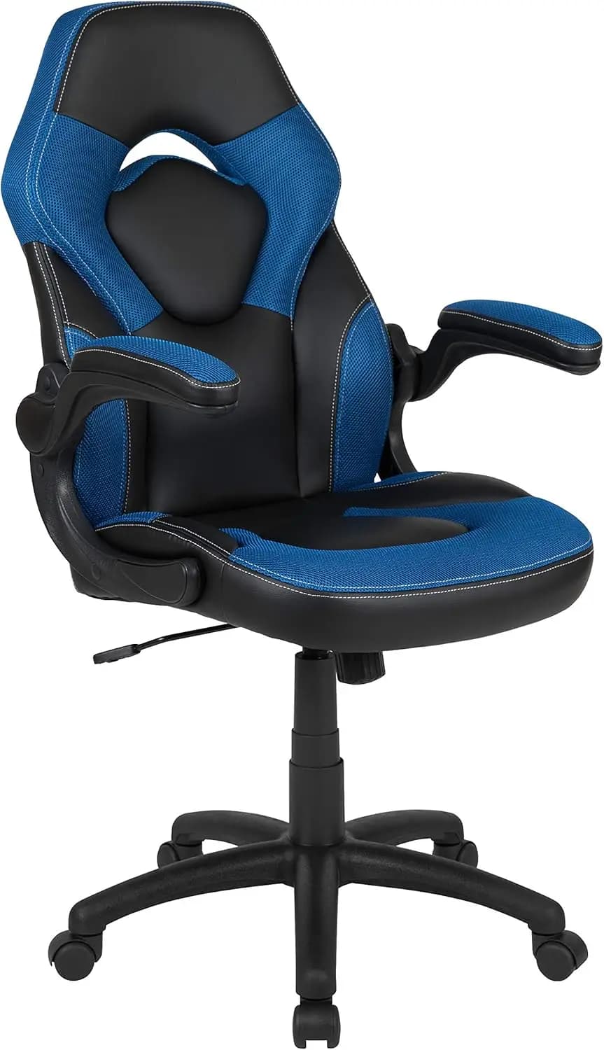 Sedia da gioco da corsa in morbida pelle con schienale alto e braccioli ribaltabili, sedia ergonomica girevole per computer in blu/nero