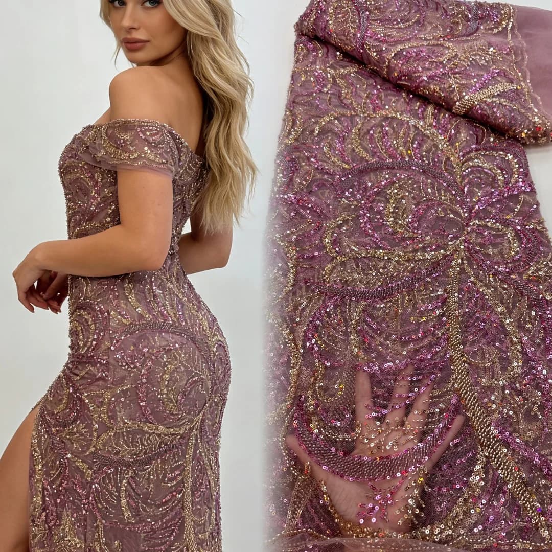 High-Quality African Sequined Beaded Lace Fabric 2026 Nigerian Embroidered French Handmade 5Yards for Women's Party Dresses