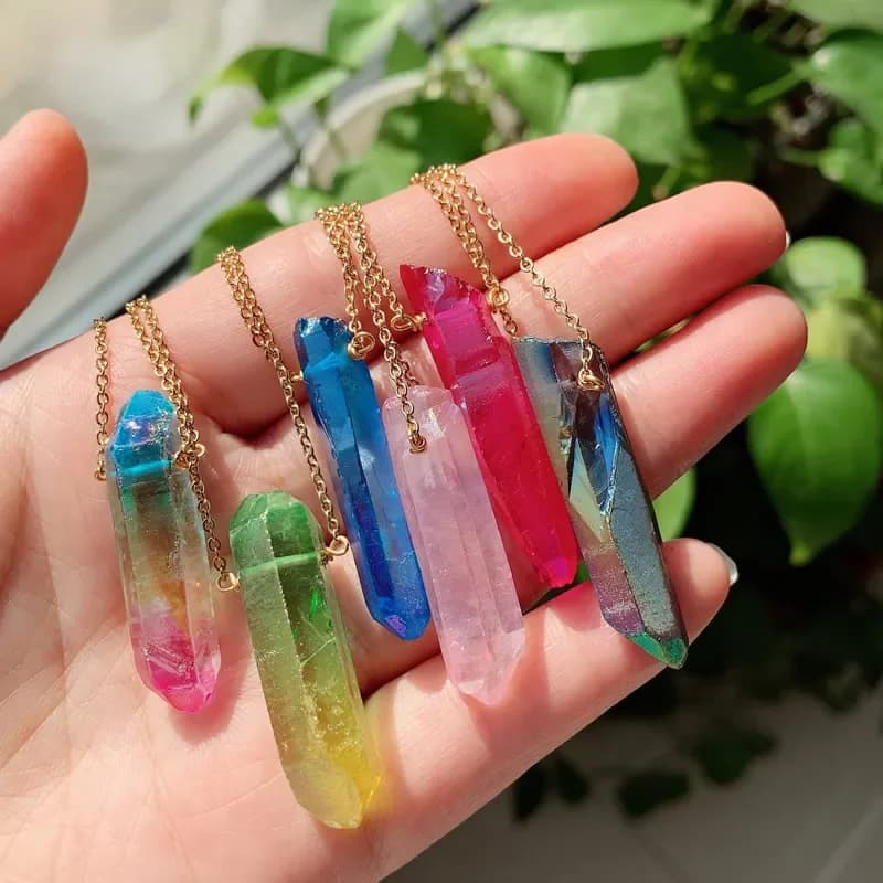 Healing Natural Crystal Stone Necklace Irregular Stick Point Pendant Stainless Steel Chain Choker Rainbow Quartz Necklaces Women