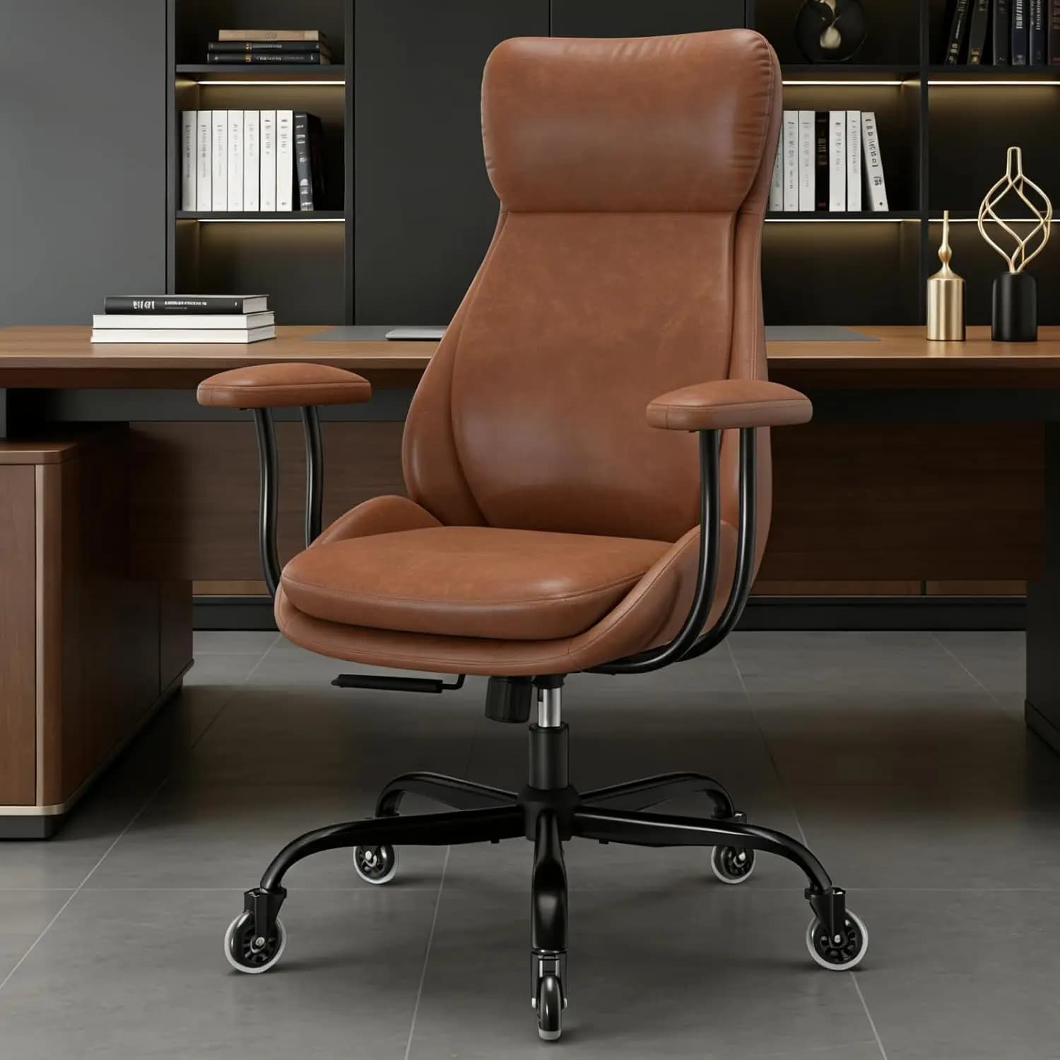 Sedia da Ufficio Ergonomica in Pelle PU, Schienale Alto Regolabile Girevole, Supporto Lombare, Rotelle, per Casa e Ufficio, Personalizzabile