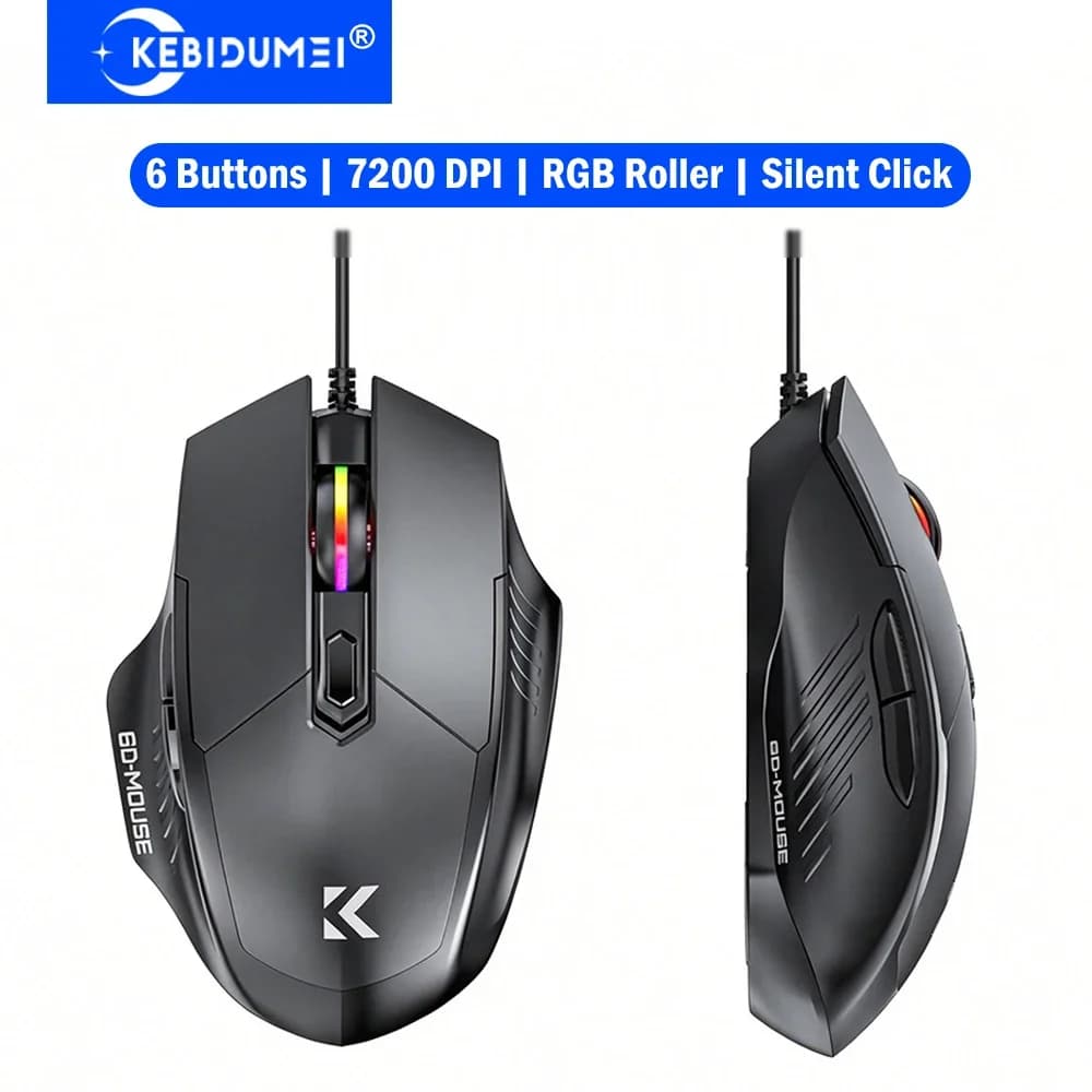 KEBIDUMEI Mouse da gioco cablato RGB 7200 DPI regolabile a 6 livelli 6 pulsanti Mouse ergonomico silenzioso Plug and Play per laptop Win MacOS