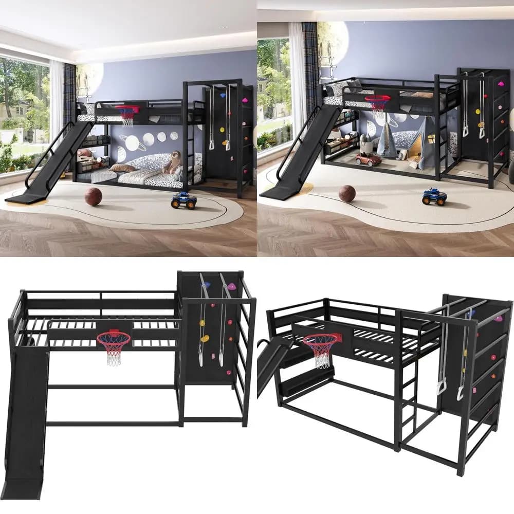 Heavy Duty Metal Double Loft Bed with Slide, Basketball Basket, Climbing Wall and Traction Bar for Kids, Boys and Adults - Qu
