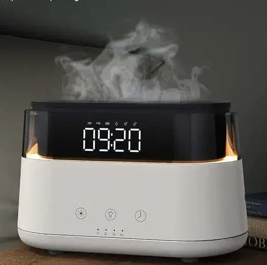Umidificatore diffusore con effetto fiamma intelligente Diffusore di aromi multifunzionale silenzioso Umidificatore diffusore per aromaterapia con orologio a LED