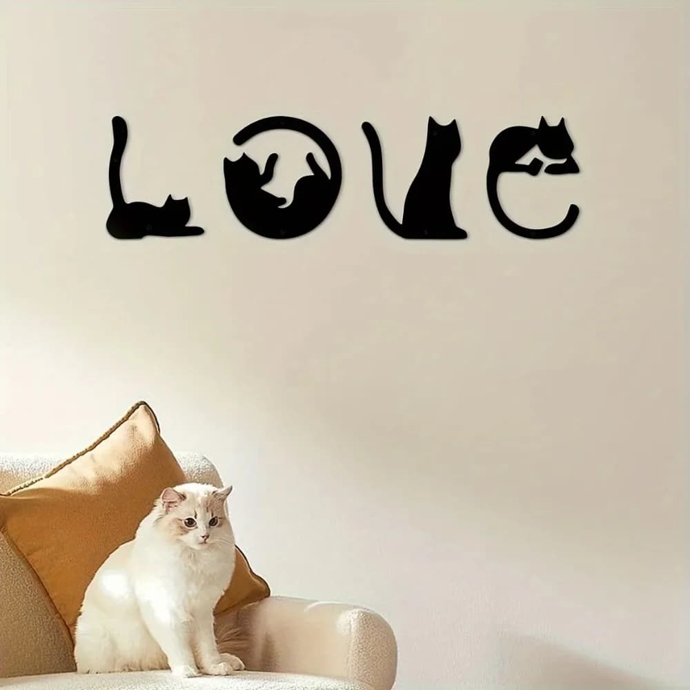 Metal wall decoration with cute cat, 4 pieces, abstract Gothic wall art for home room Valentine's decoration