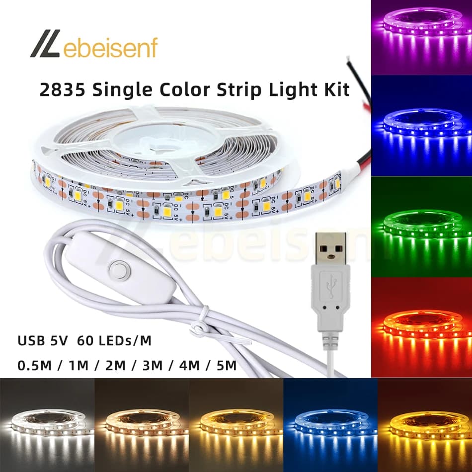 Set 0.5M 1M 5M 5V 2835 SMD Cold Warm White Red Green Blue Yellow Pink LED Strip Light With USB Button Switch wire For Home Decor