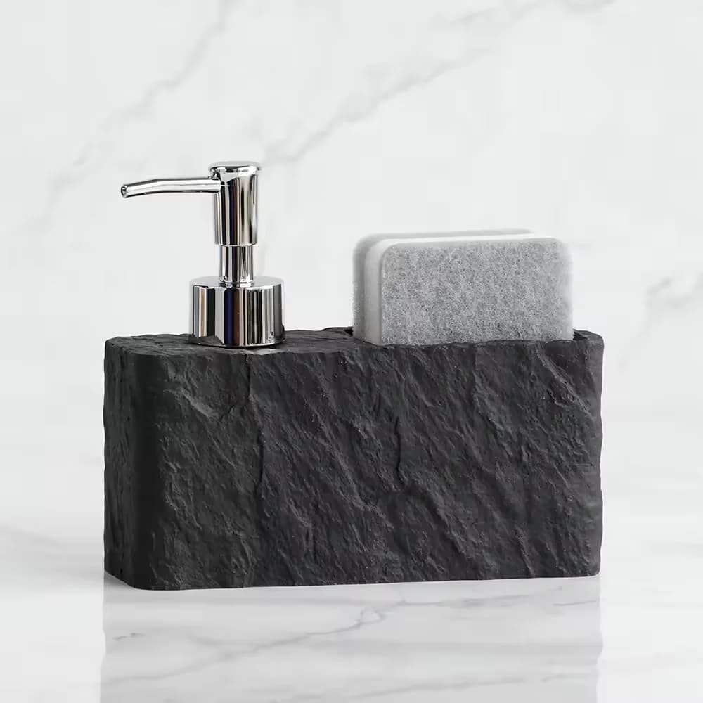 Dispenser di sapone imitazione roccia nera da 200 ml con porta spugna Bottiglia di sapone liquido per mani e piatti per cucina e bagno domestico