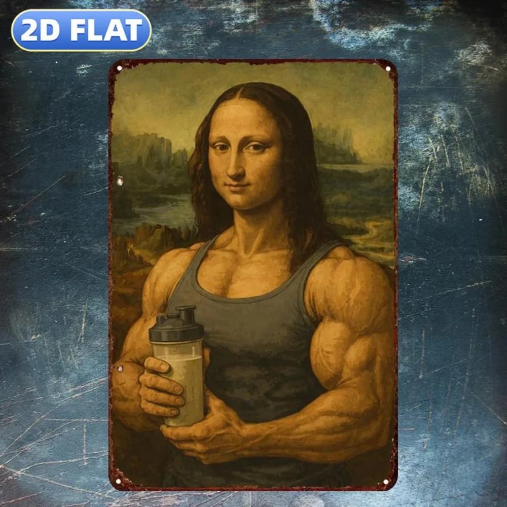 CIFBUY Funny Muscle Mona Lisa Protein Shake Aluminum Wall Art Waterproof Rustproof Metal Decor for Home Room Bar Garage Man Cave