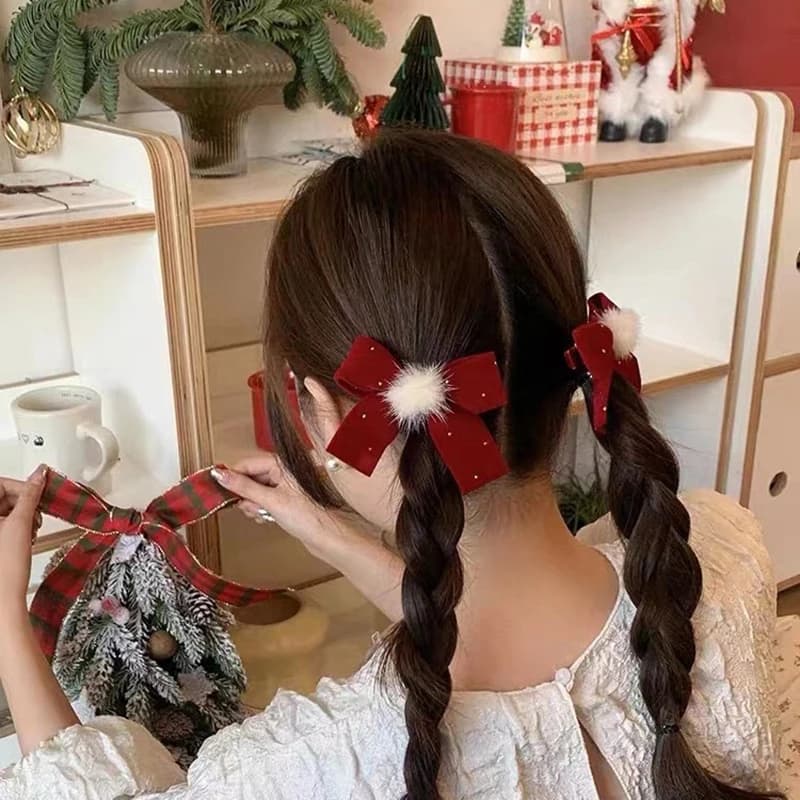 2 fermagli per capelli in velluto rosso con fiocco, fermagli a cuore in lega per bambine, fermagli a pompon, fermacoda, accessori per capelli