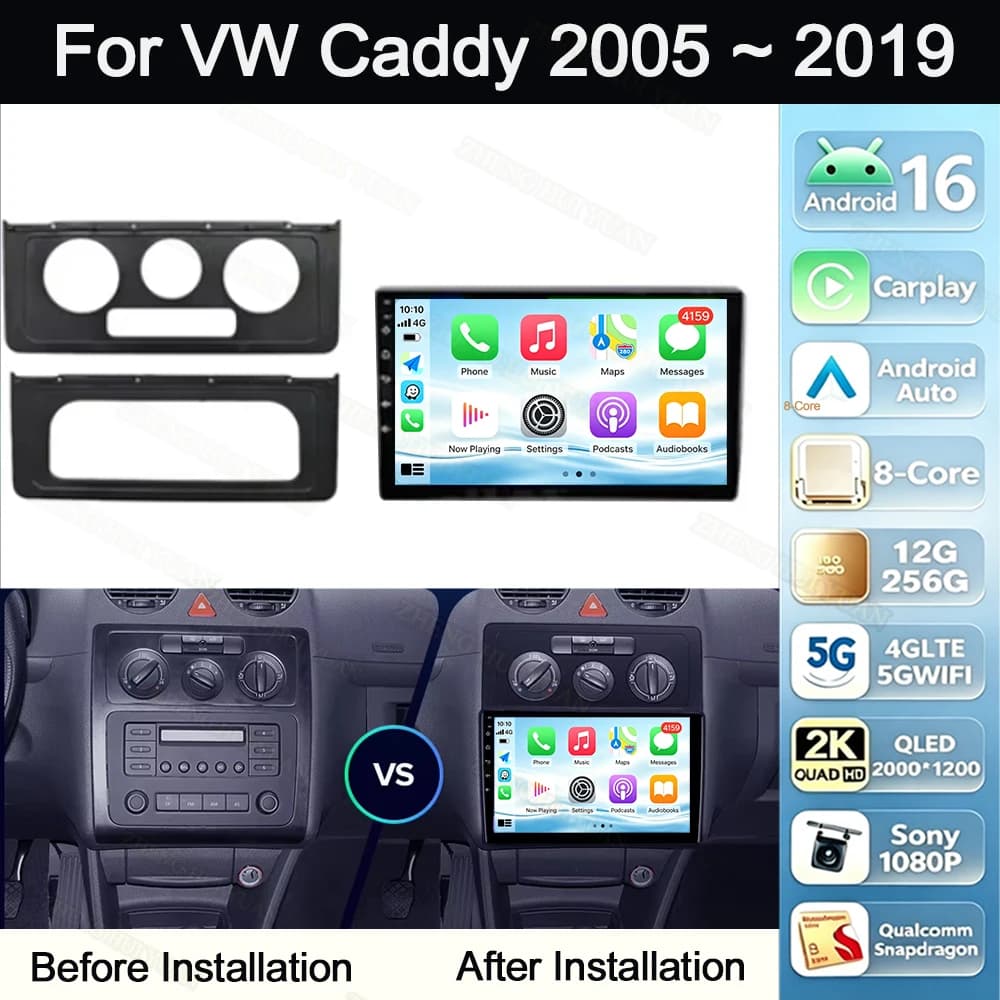 Autoradio Android 16 per Volkswagen VW Caddy 2005-2019, Lettore Multimediale con Android Auto, Carplay, Navigazione GPS