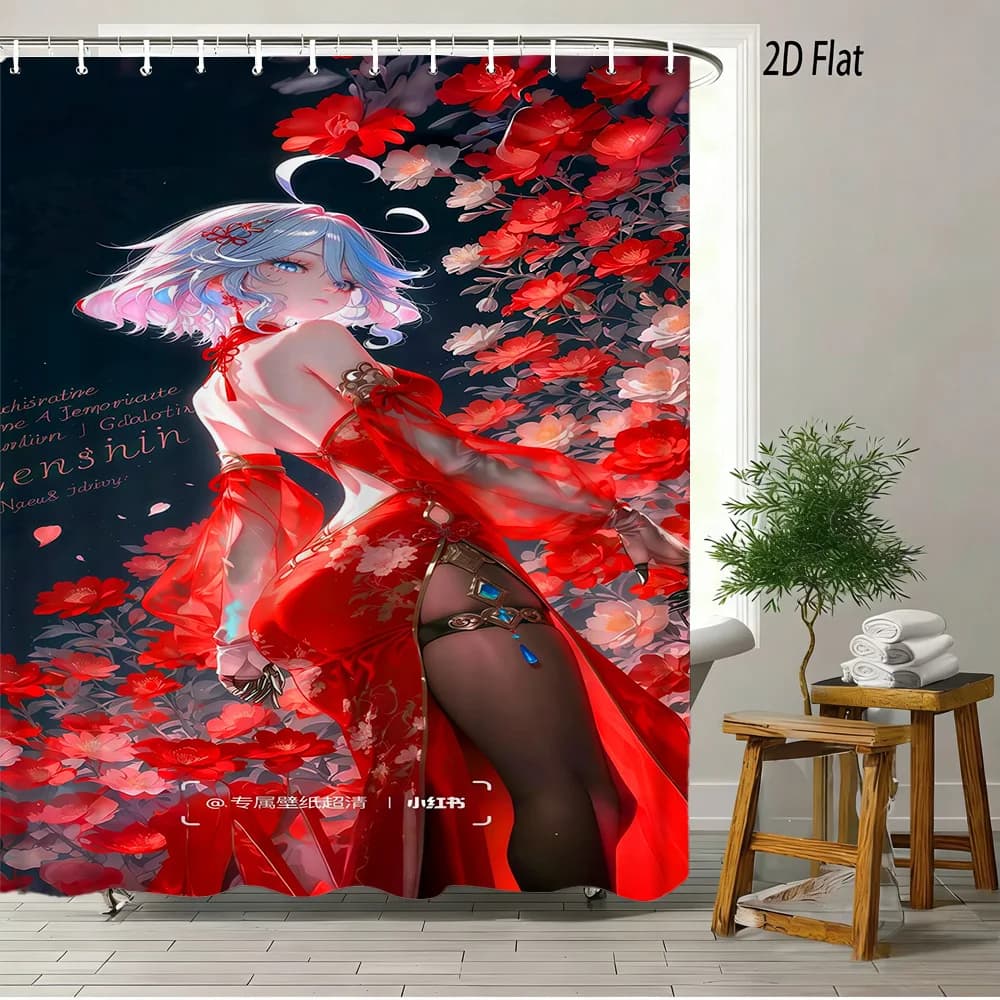 Tenda da Doccia Impermeabile con Ragazza Anime 2D, Capelli Azzurri, Cheongsam Rosso e Sfondo Floreale, Decorazione per Bagno