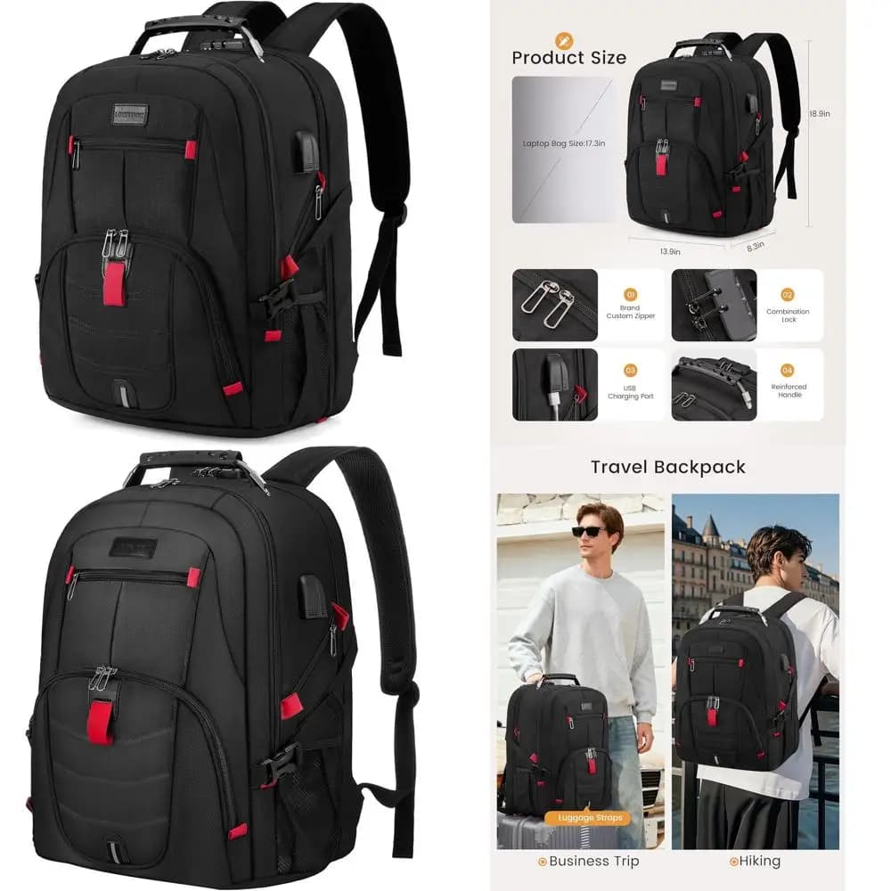 Zaino per Laptop Impermeabile da 17 Pollici con Lucchetto e Porta USB per Viaggi, Adatto a Computer Grandi, Unisex