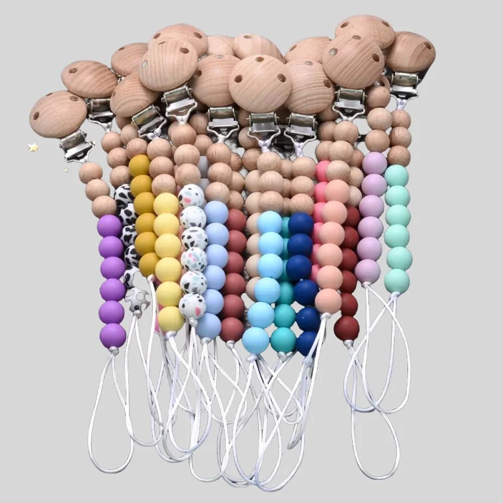 Clip per ciuccio in silicone di faggio per bambini con perline colorate per dentizione Porta ciuccio antigoccia per uso alimentare Catena per capezzoli rotonda per lenire