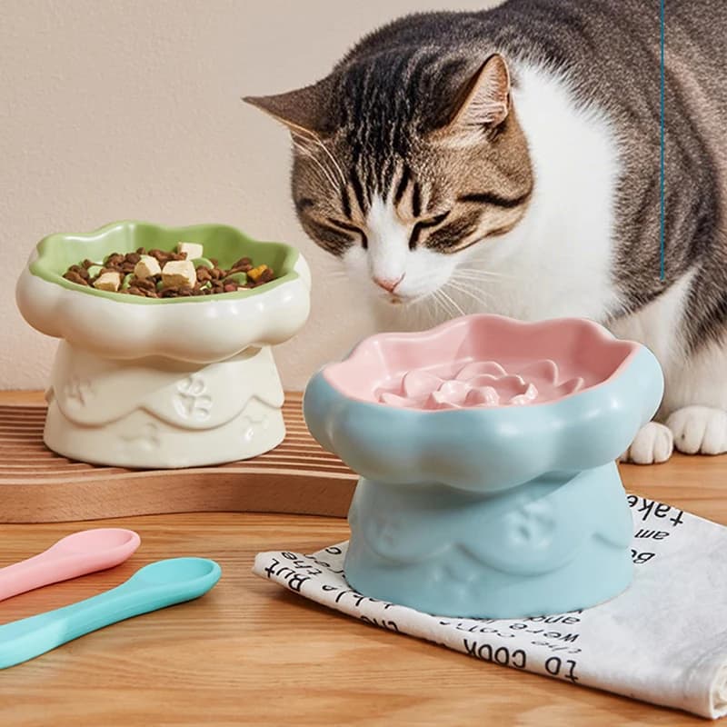 Creative Ceramic Drinking Water Food Tall footed Pet Bowls Anti Overturning Neck Protection Slow Food Anti Choking Cat Bowl, 1Pc
