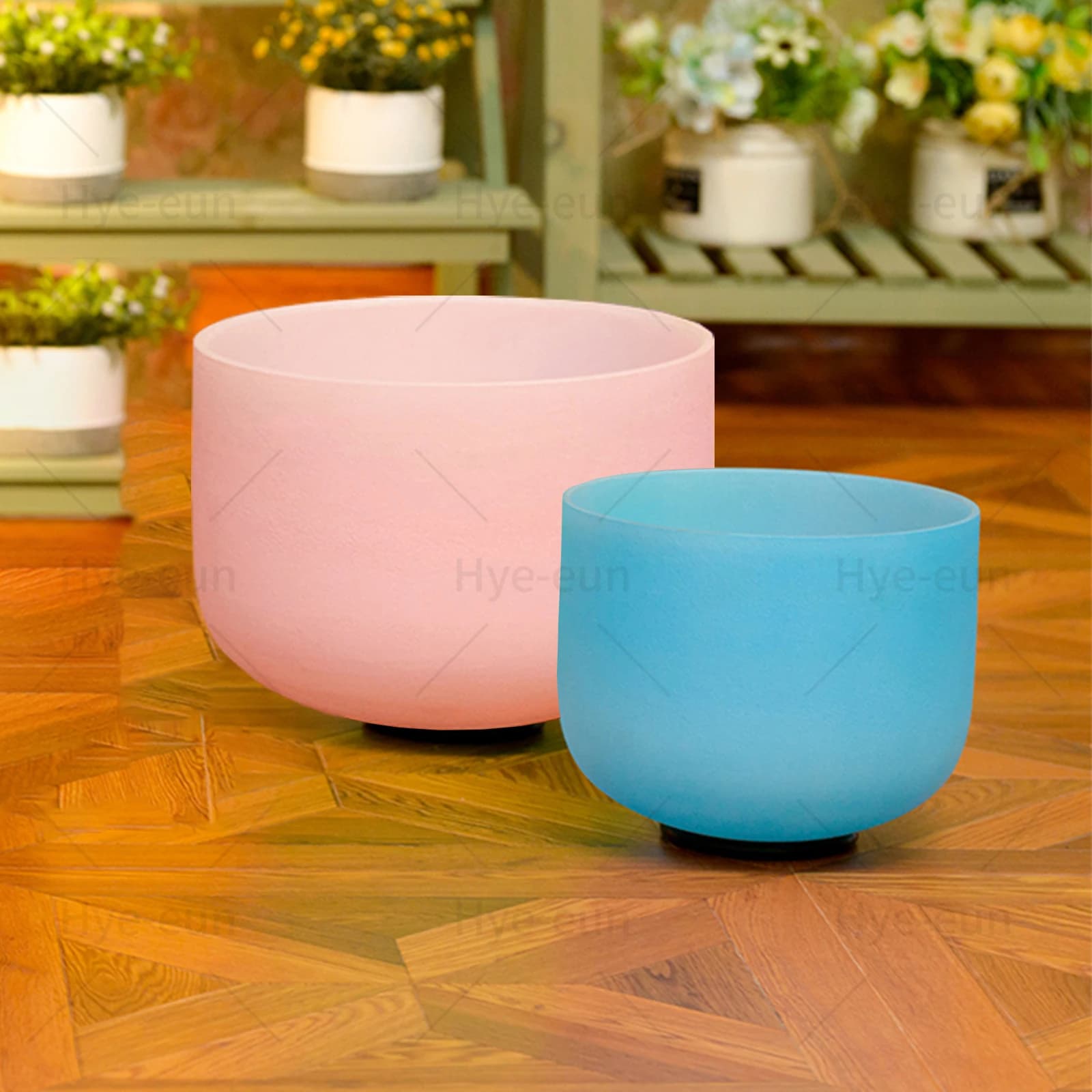 Hye-eun 2PCS Pink Blue Frosted Quartz Chakra Crystal Singing Bowl Meditation Chakra Bowl for Sound Healing with Bag