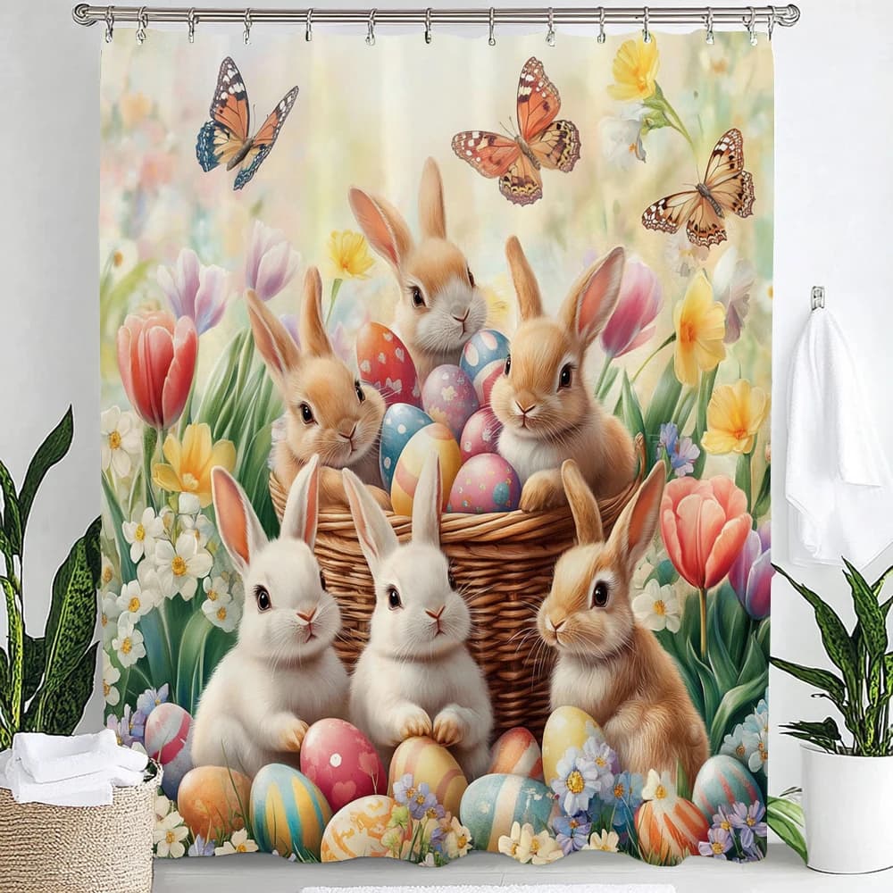 1pc cartone animato simpatico coniglio, tenda da doccia impermeabile con stampa pasquale tenda sospesa 12 ganci decorazione multi formato lavabile in lavatrice
