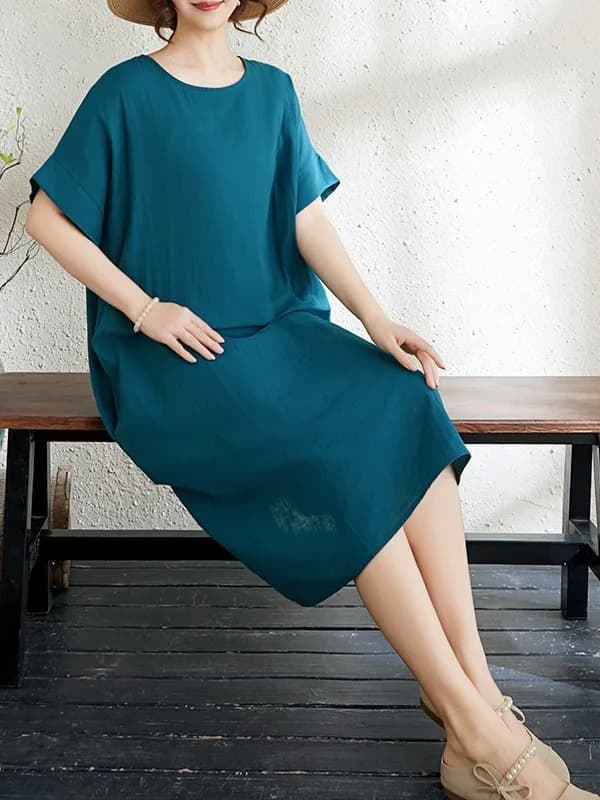 Blue Cotton Linen Short Sleeve Midi Dress for plus Size Women Artistic Style Summer New Arrival Knee-Length Straight Cut Gown