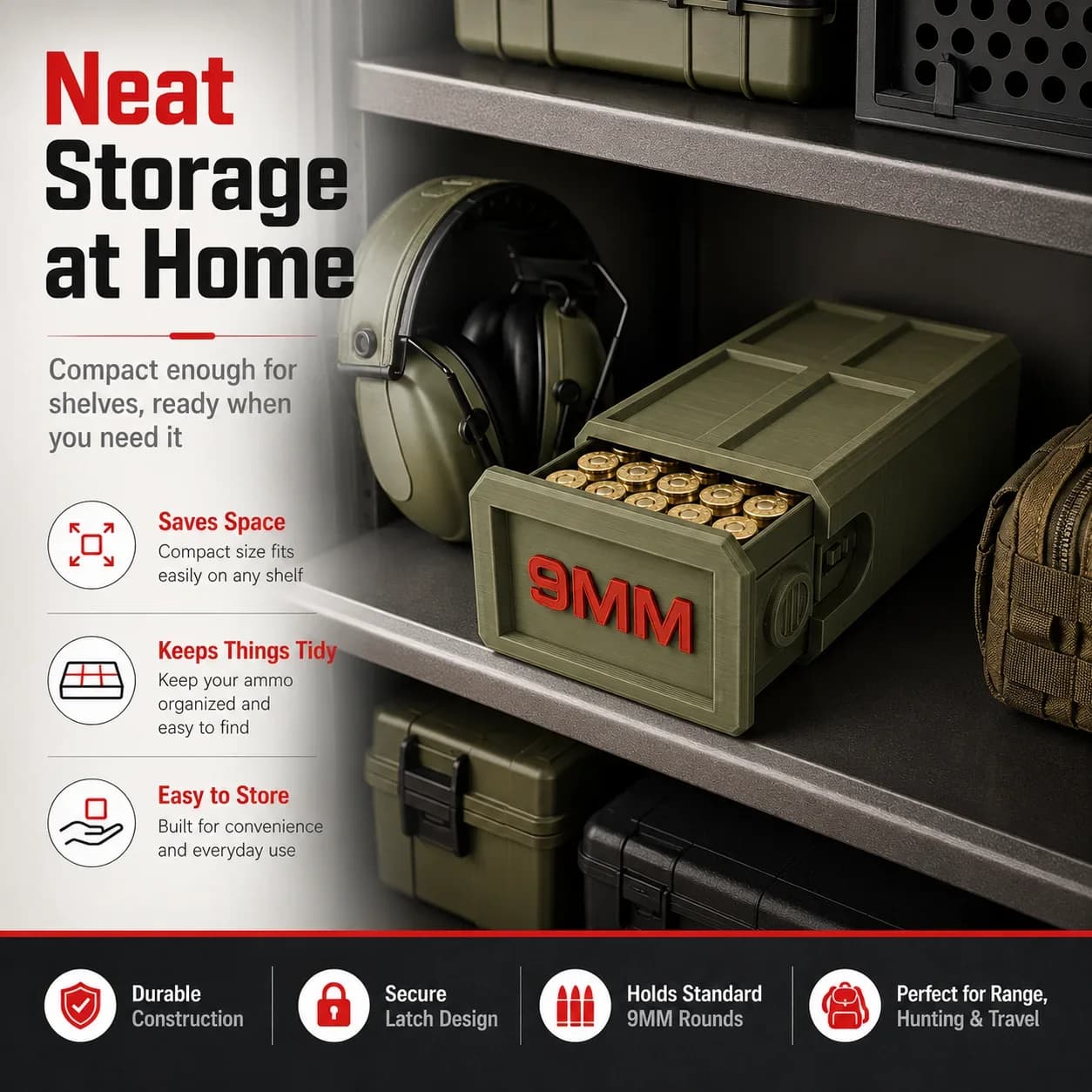 1PC 9MM Pull-Out Ammunition Storage Box,Tactical Style Desktop Bullet Organizer,Storage Supplies.