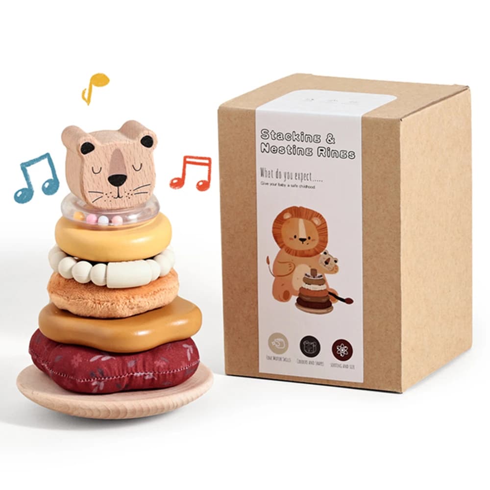Giocattoli Montessori in legno per bambini Blocchi leoni senza BPA Impilabili Torre Sonaglio Giocattoli Giocattoli per lo sviluppo intellettuale sensoriale per regali per bambini
