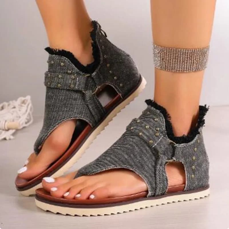 New Summer Large Size Women's Canvas Slip-On Sandals Fashion Rivet Beach Roman Thong Slippers Casual round Toe Flat Bottom Shoes