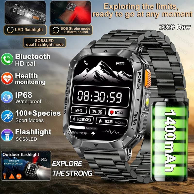 New Smartwatch 2026 with 1400mAh Battery, Waterproof IP68, Flashlight, Bluetooth Calls, Health Monitoring, for Open Sports
