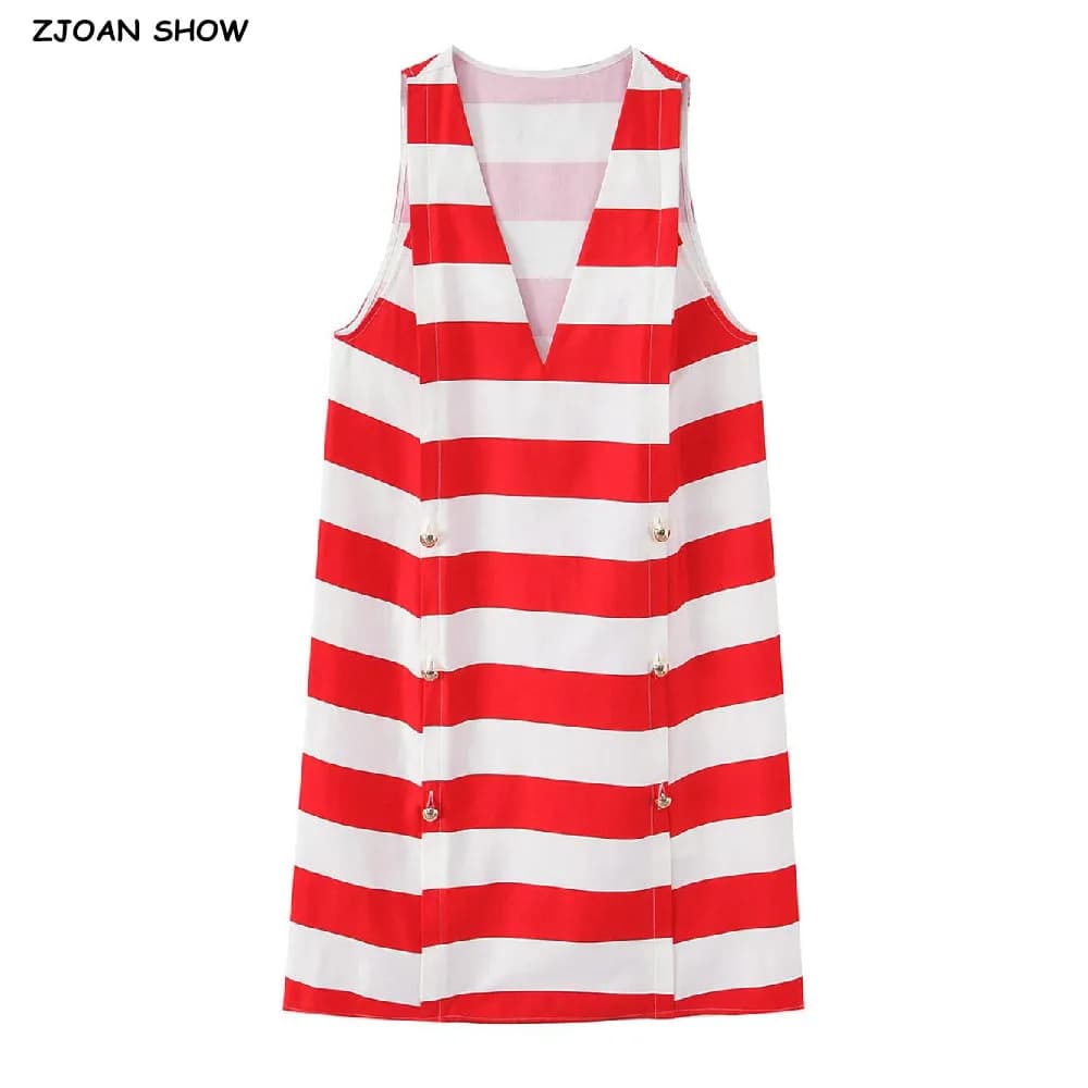 Sleeveless Righe Orizzontali Red and White Fashion Dress for Women, V-neck, Double Front Buttons, Short Dress Type Tank