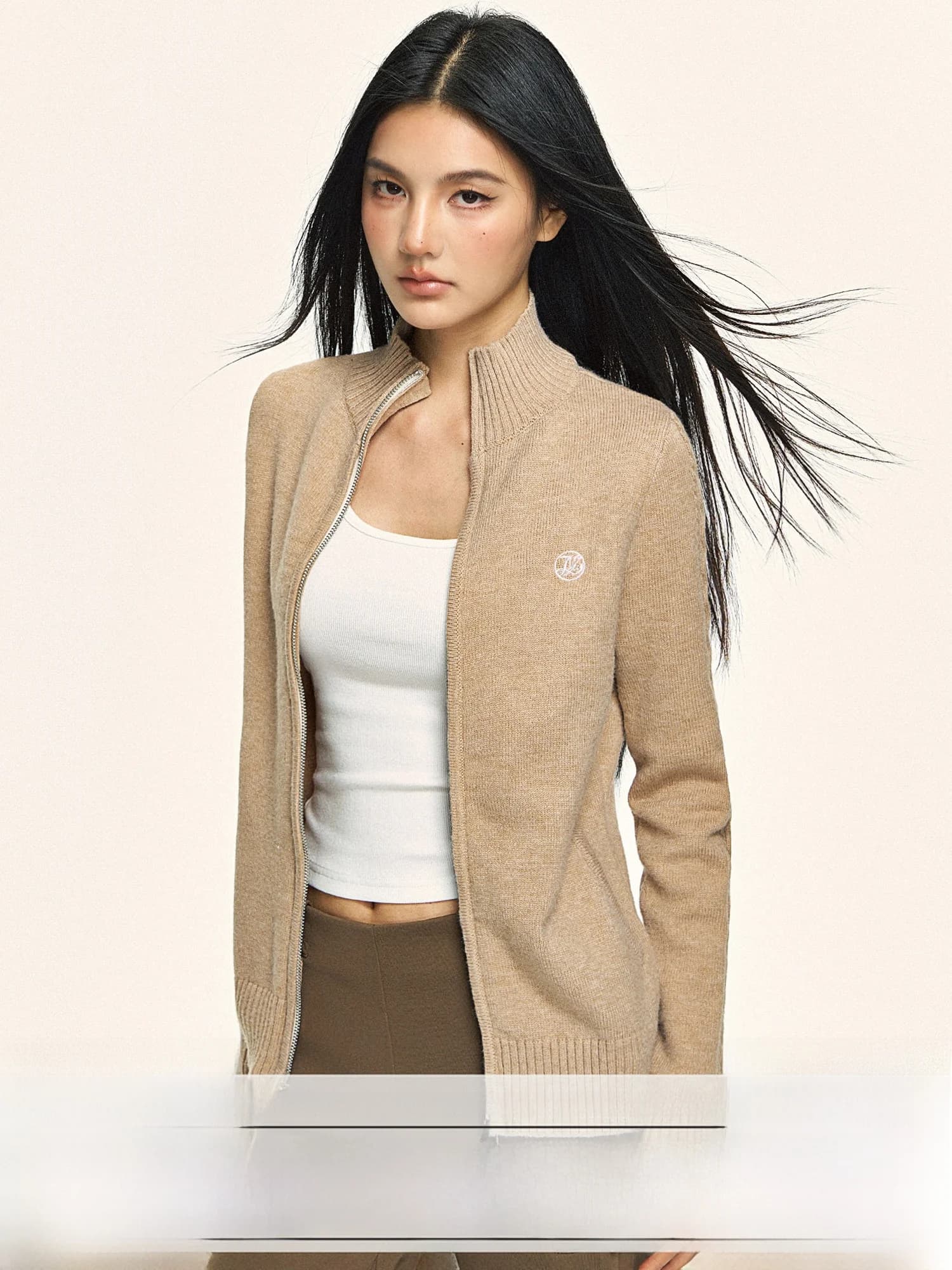 101PASSION Double Zipper Stand Collar Knitted Open Cardigan Women's Spring Outerwear Slimming Slim Fit Sweater Jacket