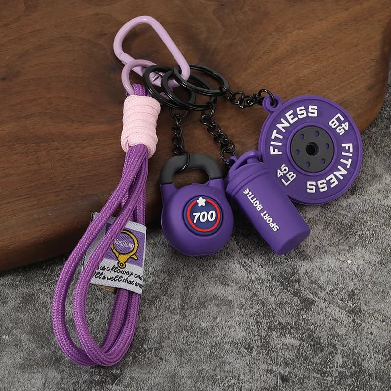 Keychain 4 in 1 for Gym and Fitness, Unisex Pendant with Manubri, Kettlebell and 3D PVC Bearings, Gym Bag Charm, Gift