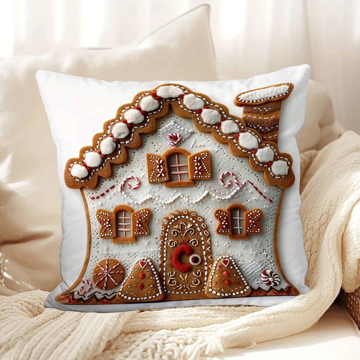 1 pezzo contemporaneo 2D Feel Gingerbread House Fodera per cuscino in lino con cerniera Lavaggio a mano Design digitale festivo