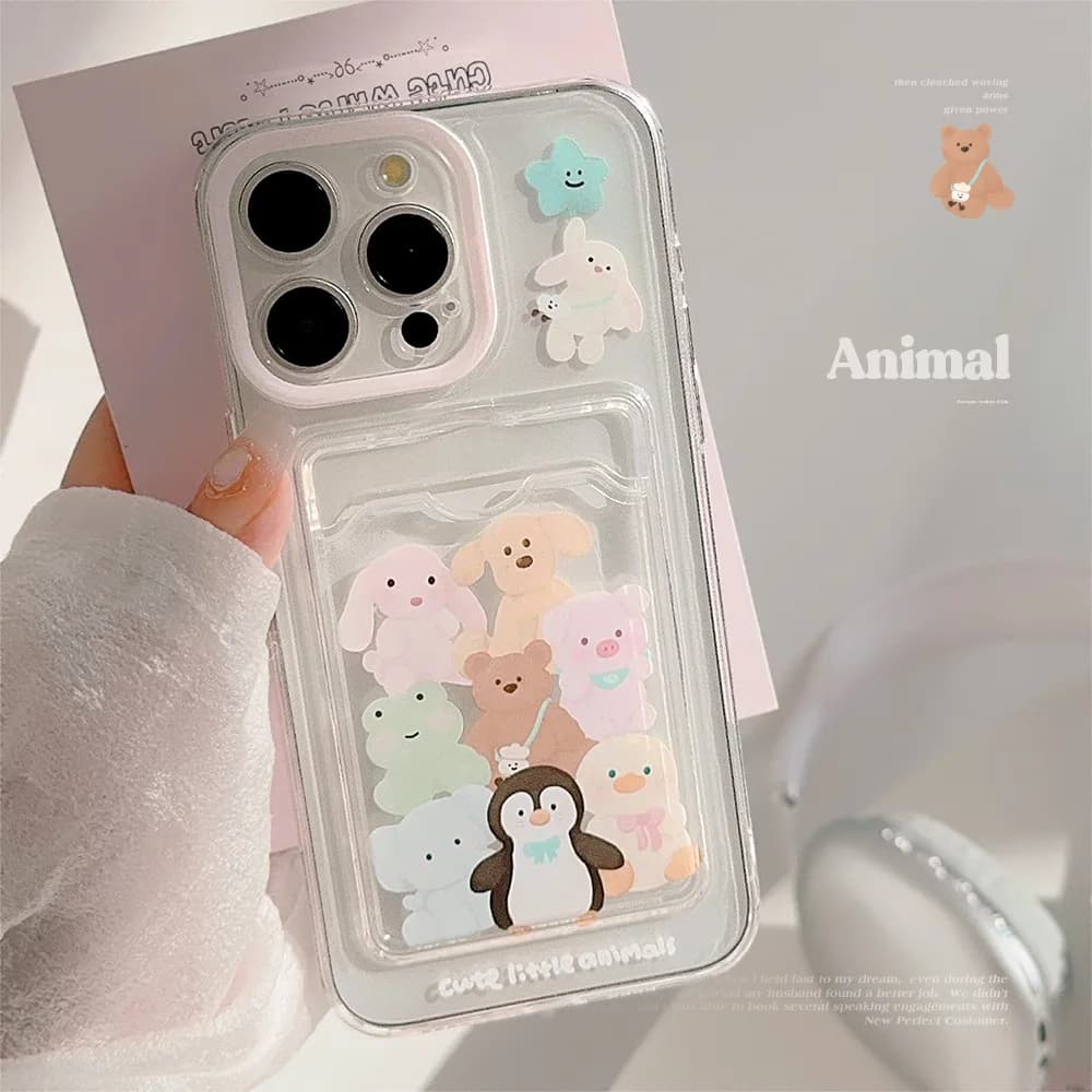 Custodia Morbida Antiurto con Porta Carte e Design Animali Cartone Animato per iPhone 17 16 15 14 13 12 11 Pro Max XS XR X 7 8 Plus
